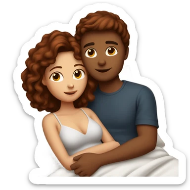 Burgundy haired girl and brunette boyfriend cuddling in bed sticker