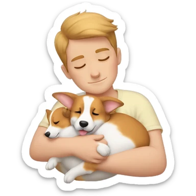  Boy sleeping with corgi puppy in Arms  sticker