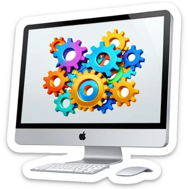 iMac computer with colorful gears on the screen sticker