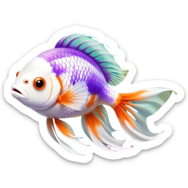 Large aquarium fish like veil tails and lionhead goldfish swimming gracefully in a beautifully decorated aquarium. Colorful aquatic plants, smooth rocks, and gentle bubbles surround the fish. The water shimmers in sunlight, creating a peaceful and vibrant underwater scene. Transparent background. sticker