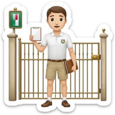 Pool attendant. white polo shirt. khaki shorts. waving. standing next to gate. mexican. holding clipboard sticker