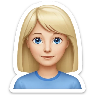 50 yr old white woman, center parted hair with bangs, very long straight blond hair, oval face, small smile, blue eyes, thin face, hair downback, hair parted at center of head, round cheeks, pale, longer hair, white shirt sticker