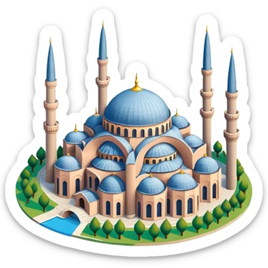 Isometric illustration of Istanbul, featuring Hagia Sophia with its large central dome and four tall minarets, paint photorealistic style sticker