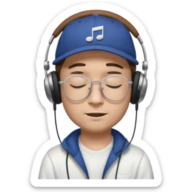 dj man white with baseball cap - rayban glasses - brown hair - closed eyes with headphones on with musical note over head (listening to music ) - eyes closed no glasses  sticker