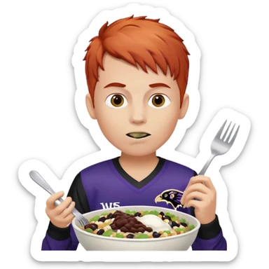 a red-haired boy wearing a ravens jersey and eating a chipotle burrito bowl sticker