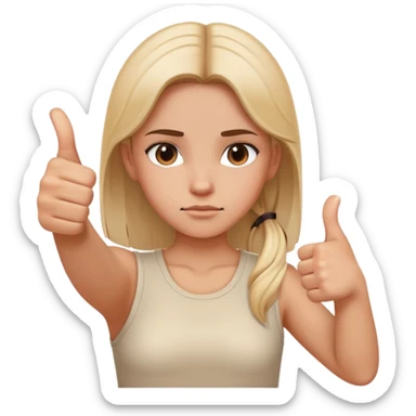 Girl with one hand clearly showing thumbs up gesture and other hand clearly showing thumbs down gesture, distinct opposing hand signals, mixed feelings facial expression sticker