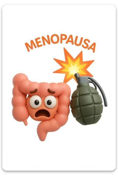 EMOJI STILE IPHONE 3D DI INTESTINO 3D CON ESPRESSIONE SPAVENTATA IN VOLTO MENTRE ACCANTO A LUI SCOPPIA UNA GRANATA 3D CON LA SCRITTA "MENOPAUSA" SOPRA, FAGLI ANCHE LA PARTE BIANCA DEGLI OCCHI, NON SOLO LA PUPILLA sticker