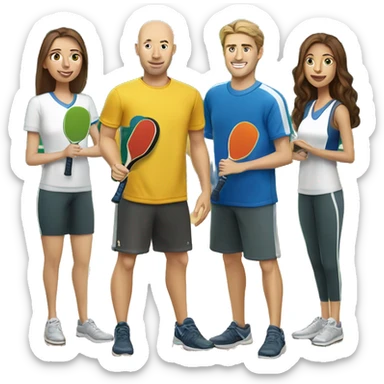4 Caucasian people playing pickleball with 1 tall bald male, 1 shorter brown hair male, 1 girl with long brown hair, 1 girl  with brown hair sticker