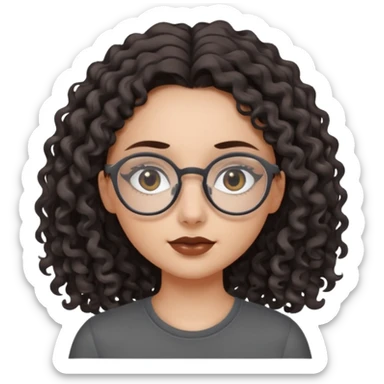 aesthetic white girl with dark brown, long curly hair, she wears a dark grey top and  glasses and her eyes are black sticker