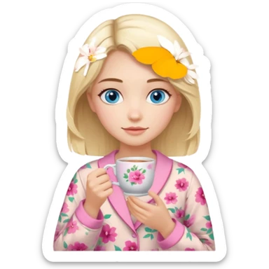 Blue eyed girl with middle length blond hair in floral beige pijamas is holding a pink cup of tea sticker