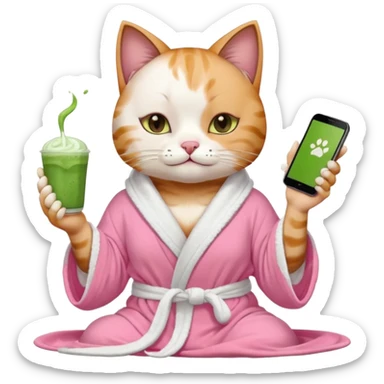 I want a CAT whit a iced macha on her paw and i want her to ne wearing a pink bath rope And she will have a  white face mask on her face and phone on the opisite paw whit the macha sticker