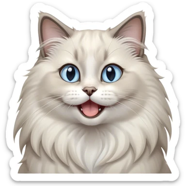 Cinematic Adorable Fluffy Light Grey Mantle Ragdoll Cat Portrait Emoji, Head tilted cutely with big, sparkling blue eyes, soft light grey fur with darker points on the ears, face, and paws, Simplified yet irresistibly adorable features, highly detailed, glowing with a soft, warm glow, high shine, yawning in a peaceful and playful manner, stylized with a touch of whimsy, bright and endearing, soft glowing outline, capturing the essence of a relaxed and loving kitten, so cute it feels like it could leap out of the screen and stretch into a cozy nap! sticker