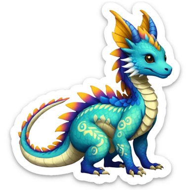 Beautiful pretty cool edgy elegant realistic Feral Rare Fantasy colorful vibrant Vernid-Trico-Haku-dragon-species-Fakemon-creature by LiLaiRa, random markings, tufted tail, tufted ears, full body sticker