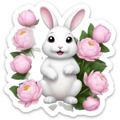 cute white bunny holding light pink peonies sticker
