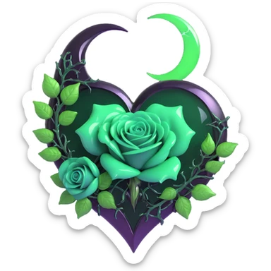 gothic heart made of obsidian glass, silver crescent moon, emerald green roses, holographic stardust, neon green lightning, wet and cracked glass sticker