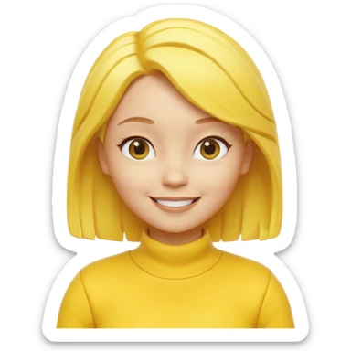 A 3D cartoon female character fully in yellow tones — skin, hair, and outfit all yellow — smiling gently, medium-length hair, cinematic Memoji-style rendering, cohesive with other yellow character sticker