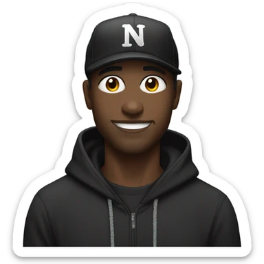 Black Man Wearing a black cap and hoodie, he grips the mic with a relaxed expression. His wide-eyed look and easy smile make him approachable, bringing a laid-back vibe to his performance. sticker