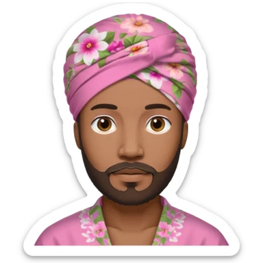 Black male, goatee beard, wearing pink floral turban-style head wrap sticker