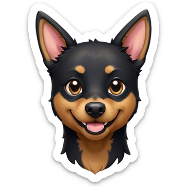 Cinematic Comical Black and Tan Kelpie Portrait Emoji, Head tilted dramatically with an exaggeratedly amused expression, featuring a striking black Fur with bold tan patches, wide, expressive dark eyes filled with playful disbelief, Simplified yet hilariously expressive features, highly detailed, glowing with a slightly sassy glow, high shine, dramatic yet playful, stylized with an air of cheeky mischief, bright and endearing, soft glowing outline, capturing the essence of a spirited and over-the-top herder, so meme-worthy it feels like it could side-eye its way into internet fame instantly! sticker