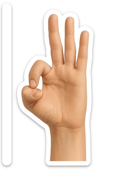 a neutral color hand in the same pose as the 👌 emoji, but with the index finger tightly curled inward like a hook, pointing downward, and the thumb resting across and over the curled index finger (not forming a circle or opening). The middle, ring, and pinky fingers are extended upright, clear details, transparent background sticker