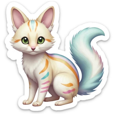  cute adorable white albino fur with random colorful iridescent markings beautiful elegant pretty precious cute  Fakémon-Pokémon-alien-opossum-feline-serval-caracal-chinchilla-Minccino-hybrid-creature with a big fluffy bushy striped tail (full body) sticker