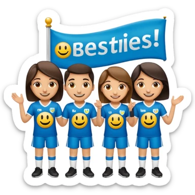 Make 5 decent characters include 4 girls and 1 boy and mentioned there names on there jersey ist husna, tuba, maleeha,alishba and boy Talha also smiley.creat a sign board and a besties off UOM and the  sign board takes by boy in his hand sticker