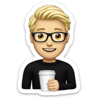 Blonde man in black jumper with clear glasses holding a white coffee cup sticker
