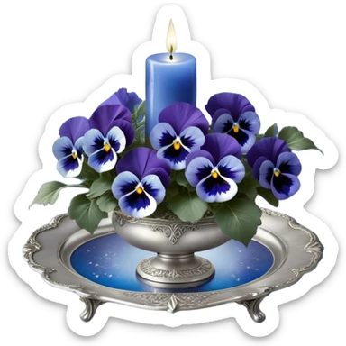 A mesmerizing nighttime scene featuring a cluster of vibrant blue pansies bathed in soft moonlight. In the background, a luminous silver crescent moon hangs low in the sky, partially veiled by delicate wisps of mist. A round, decorative candle in a shimmering pearl color rests on an ornate silver tray, its gentle glow casting flickering reflections on the surrounding petals. Tiny fireflies dance in the air, adding an ethereal touch, while a few scattered crystals glisten among the flowers. sticker