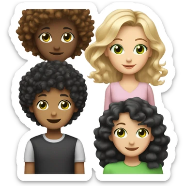 pretty white mom with curly black hair and brown eyes, a 6-year-old boy with black hair and green eyes, and a 13-year-old girl with curly blonde hair and brown eyes sticker
