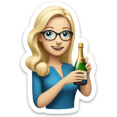 À blonde woman with blue eyes wearing glasses opening a bottle of champagne sticker