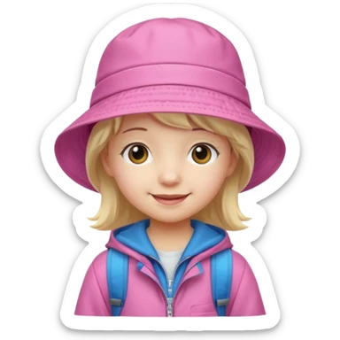 Little student wears pink bucket hat and jacket, backpack, happy sticker