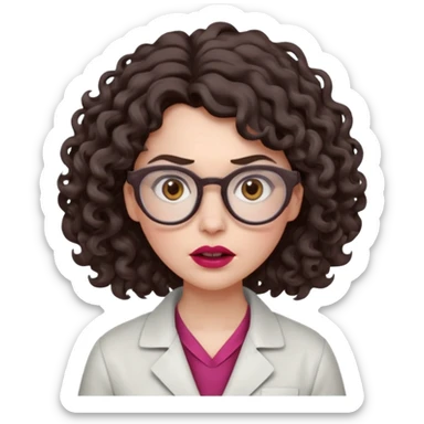 A crazy female scientist, with curly-wavy dark brown medium lenght hair, brown eyes and light grey glasses and pale skin and pinkish lips, dressed to look like an english teacher but in neutral tones like grey black white, maybe with the pop of dark red, with no girly colors, she should look mad sticker
