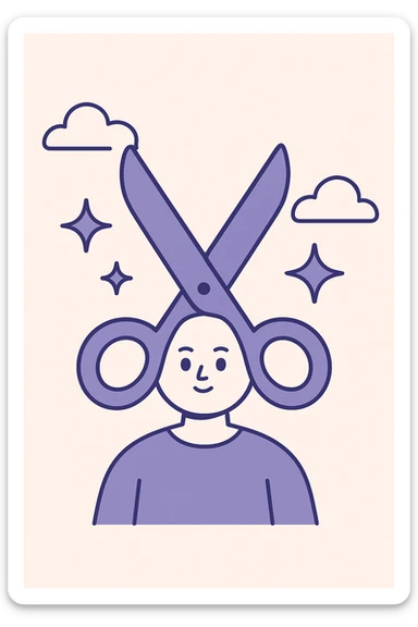 purple scissors with sparkles, flat illustration style sticker