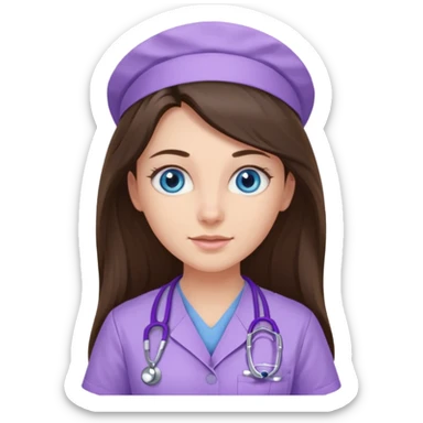 pretty brunette nurse with long hair and blue eyes in lilac scrubs sticker