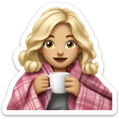 cute blonde girl wrapped in pink plaid blanket drinking coffee sticker