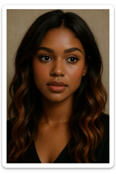 portrait of a young woman with dark skin, brunette hair with caramel balayage, brown eyes, curled lashes, blush, in a semi-realistic style sticker