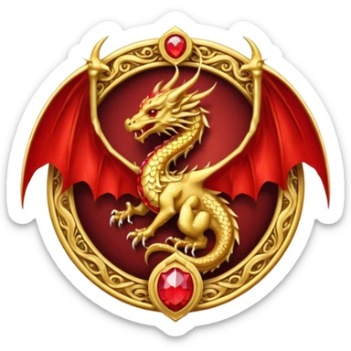 Golden Dragon with wings crest/brosch in a circle with red gems sticker