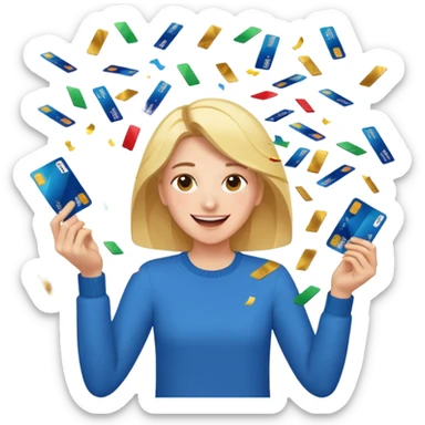 A joyful person cutting up credit cards as they turn into flying confetti emoji sticker