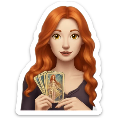 redhead white woman medium long straight hair, holding a tarot card in her hand sticker