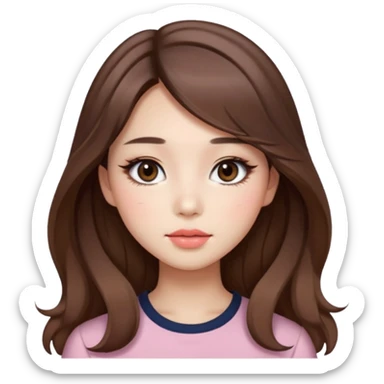 “korean straight brown hair Emoji girl, soft eyeliner and blush, gradient lips, light brown shimmer eyeshadow, long wavy hair,  sticker
