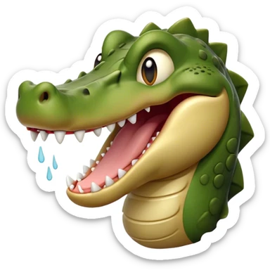 Cinematic Realistic Cute Yawning Crocodile Portrait Emoji, Head tilted slightly with a dramatic, wide-open yawn, showcasing a soft, textured olive-green hide with gently drooping jaws and half-closed, drowsy eyes rendered in exquisite natural detail, high shine, relaxed yet expressive, styled with a dash of primal charm, soft glowing outline, capturing the essence of a sleepy yet affectionate crocodile that appears ready to stretch out and drift into a deep, ancient slumber! sticker