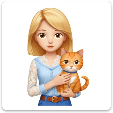 A very beautiful girl with honey-blond hair and kind eyes. She has medium-length hair, is wearing a white lace blouse, blue pants, and a brown belt, and is holding an orange cat.
 sticker