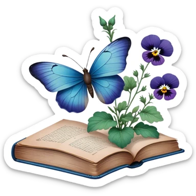 A vintage book with a worn blue cover, open to reveal pressed pansies and a resting green butterfly. sticker