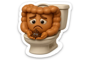 emoji stile iphone di un intestino realistico 3d che esce dal wc con in mano una montagnetta di feci con espressione triste a palline, iperrealistico 4k sticker