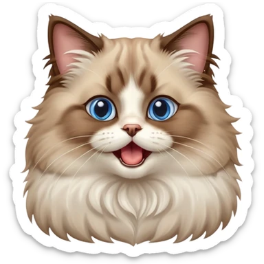 cinematic-adorable-big-eyed-fluffy-brown ragdoll-cat-portrait-emoji,-head-tilted-playfully-with-a-cute,-yawn,-soft-brown-and white-colored-fur-with-darker-points-on-the-ears,-simplified-yet-irresistibly-cute-features, sparkling blue eyes sticker