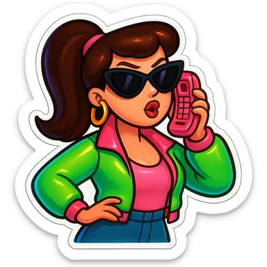 Change the hair color to brunette while keeping the valley girl talking on a pink phone, oversized sunglasses, hoop earrings, neon jacket, and sassy pose. sticker