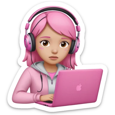 a girl with a pink laptop with headphones, color outline icon style, looking sad sticker