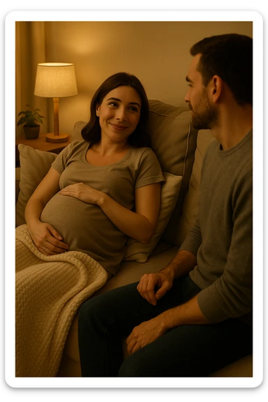 Vertical format, pregnant wife resting on couch, watching husband, peaceful home. Version 1. sticker