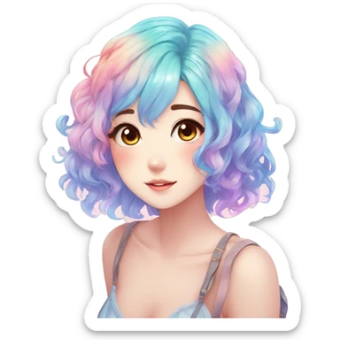 Gorgeous anime style shojo character with blushing face aesthetic and pretty colorful shiny gradient pastel hair trending style sticker