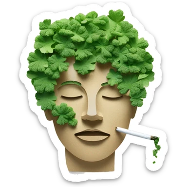 Person face portrait smoking chill made entirely of paper cuttings and 420 leaves and broccoli and green flowers, holographic sticker